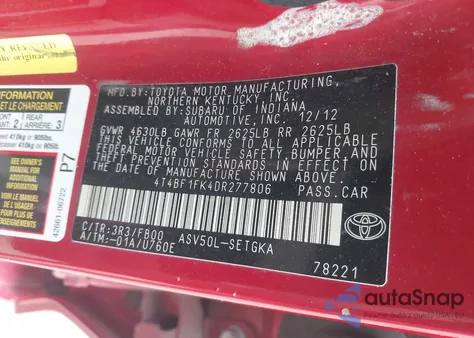 2013 Toyota Camry Xle z USA, uszkodzony, nr VIN 4T4BF1FK4DR277806